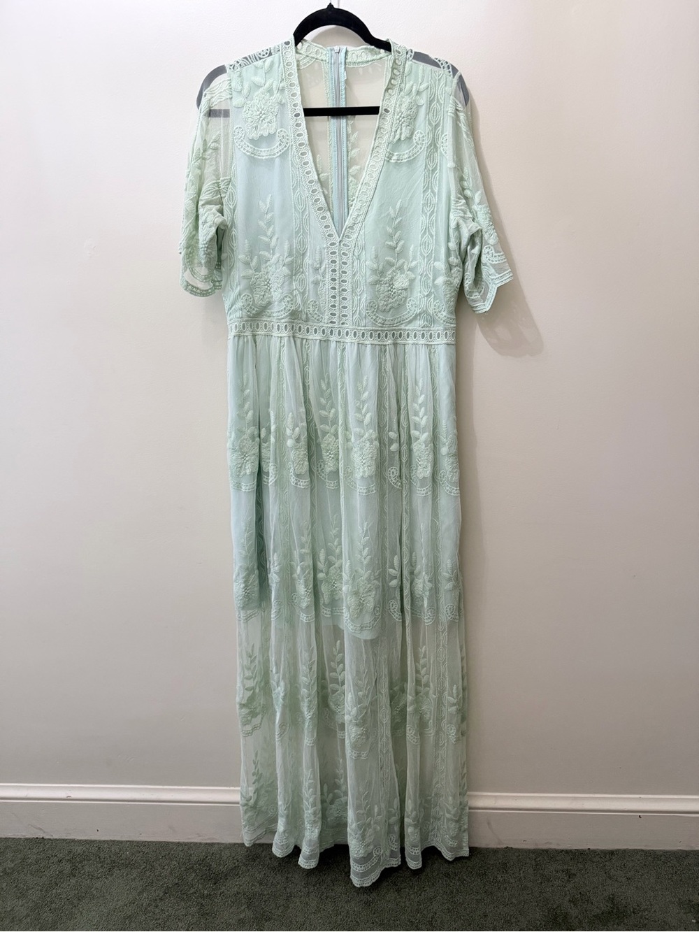 Sage Green Embroidered Lace Scalloped Sleeves  V Neck Maxi Dress Cottage Boho XL
